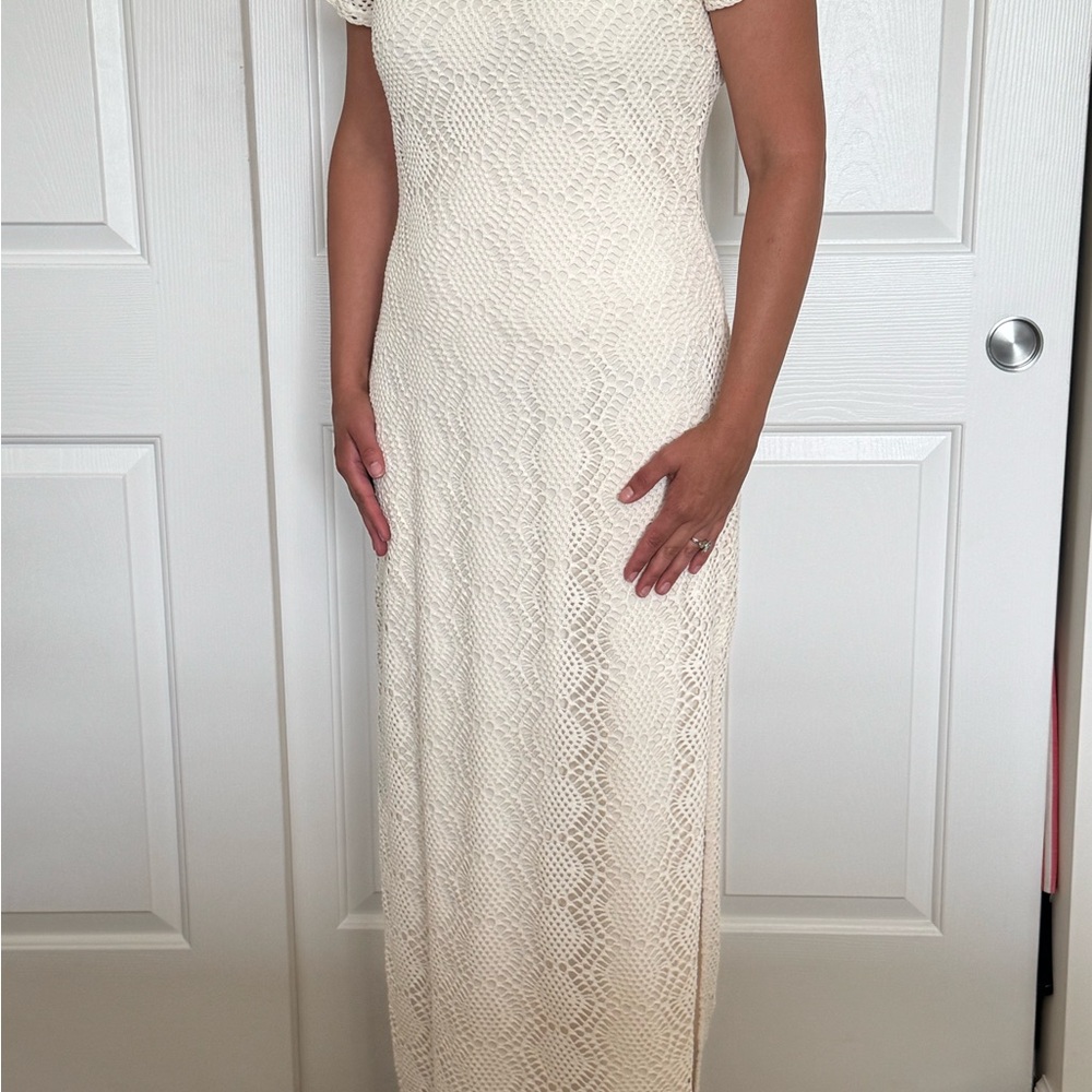 Newport News Cream Sheath Maxi Dress with Flutter Sleeves